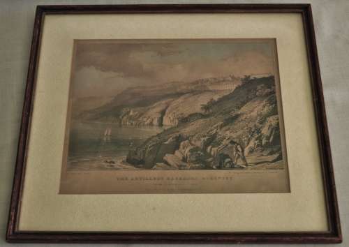 Antique print (on stone) - The Artillery Barracks, Guernsey from Clarence Battery L HAGHE 1829