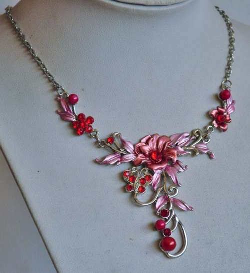 Vintage silver tone necklace with pink and red enamel and stones