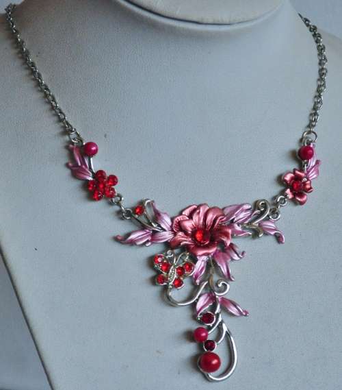 Vintage silver tone necklace with pink and red enamel and stones