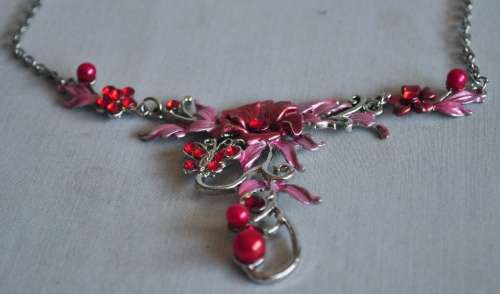 Vintage silver tone necklace with pink and red enamel and stones