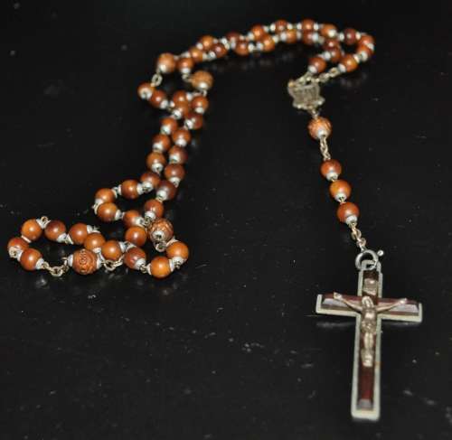 Vintage wooden rosary beads with Crucifix made in France, Catholic Prayer Beads