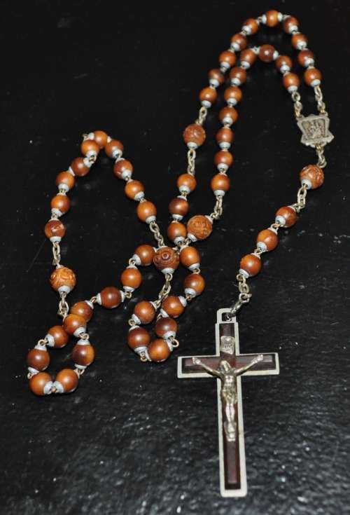 Vintage wooden rosary beads with Crucifix made in France, Catholic Prayer Beads