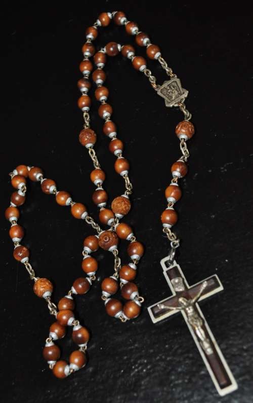 Vintage wooden rosary beads with Crucifix made in France, Catholic Prayer Beads