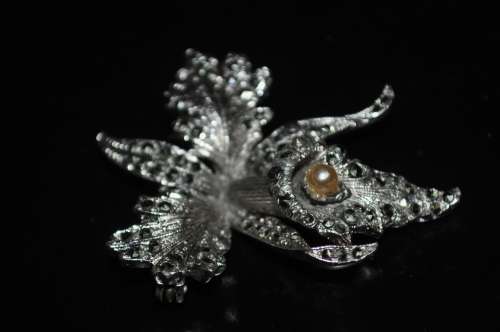 Vintage Chromium Plated and Marcasite Orchid Brooch Pin with Faux Pearl