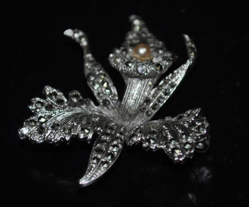 Vintage Chromium Plated and Marcasite Orchid Brooch Pin with Faux Pearl