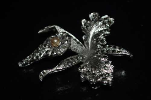 Vintage Chromium Plated and Marcasite Orchid Brooch Pin with Faux Pearl