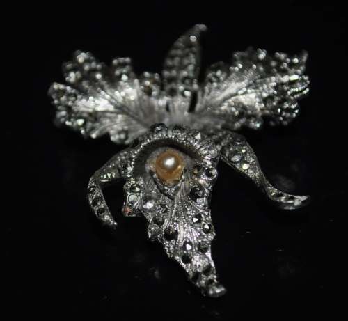 Vintage Chromium Plated and Marcasite Orchid Brooch Pin with Faux Pearl