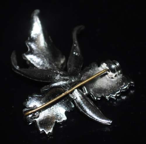 Vintage Chromium Plated and Marcasite Orchid Brooch Pin with Faux Pearl