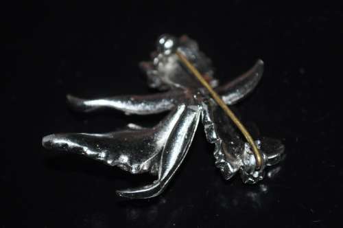 Vintage Chromium Plated and Marcasite Orchid Brooch Pin with Faux Pearl