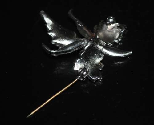 Vintage Chromium Plated and Marcasite Orchid Brooch Pin with Faux Pearl