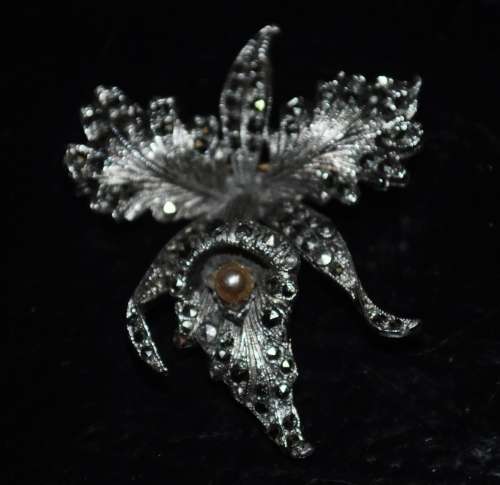 Vintage Chromium Plated and Marcasite Orchid Brooch Pin with Faux Pearl