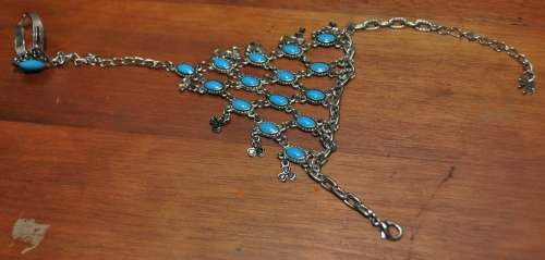 Retro Boho Silver Tone and Turquoise Enamel Adjustable Ring Hand Harness Bracelet Combo