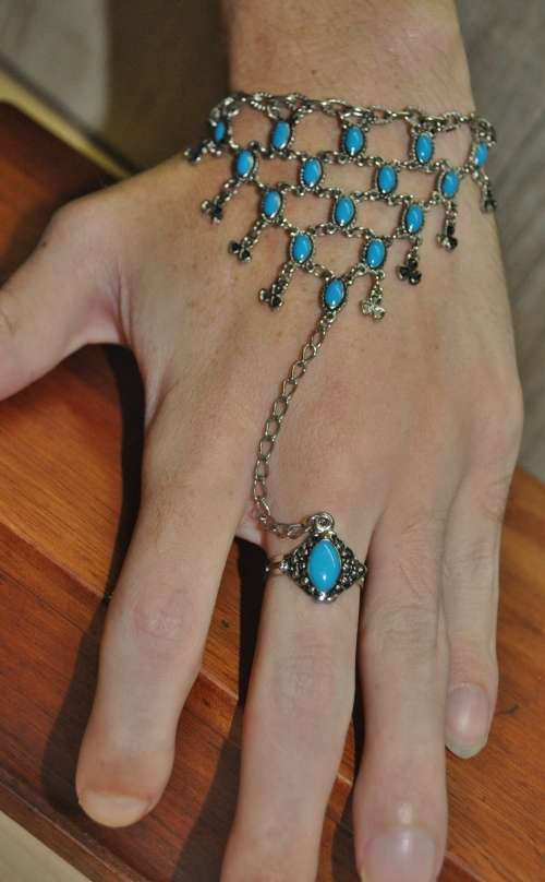 Retro Boho Silver Tone and Turquoise Enamel Adjustable Ring Hand Harness Bracelet Combo