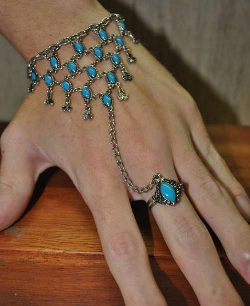 Retro Boho Silver Tone and Turquoise Enamel Adjustable Ring Hand Harness Bracelet Combo