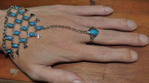 Retro Boho Silver Tone and Turquoise Enamel Adjustable Ring Hand Harness Bracelet Combo