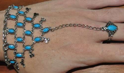 Retro Boho Silver Tone and Turquoise Enamel Adjustable Ring Hand Harness Bracelet Combo