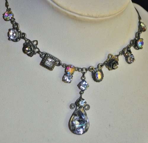 Vintage antique silver tone Aurora Borealis costume jewellery necklace