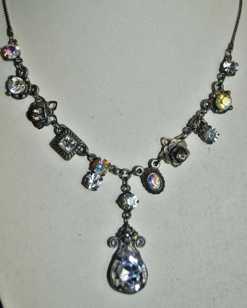 Vintage antique silver tone Aurora Borealis costume jewellery necklace