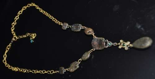 Vintage brass costume jewellery necklace with green and clear crystal