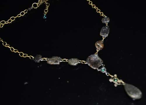 Vintage brass costume jewellery necklace with green and clear crystal