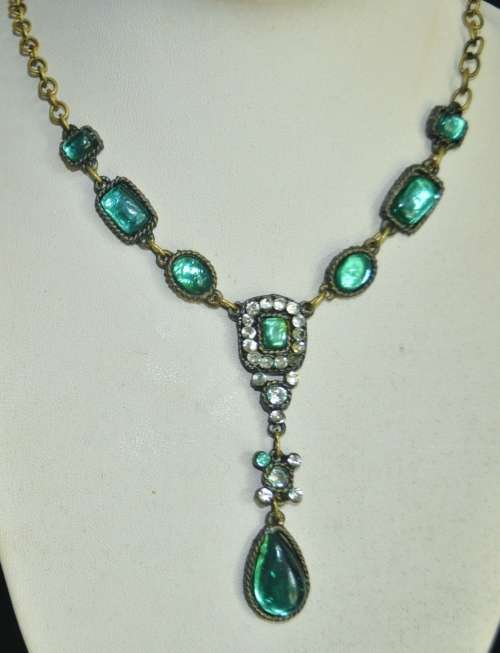 Vintage brass costume jewellery necklace with green and clear crystal
