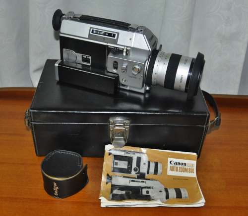 Super-8 Canon cine camera Auto Zoom 814 cased, cap, manual, and 3 extra Soligor lenses