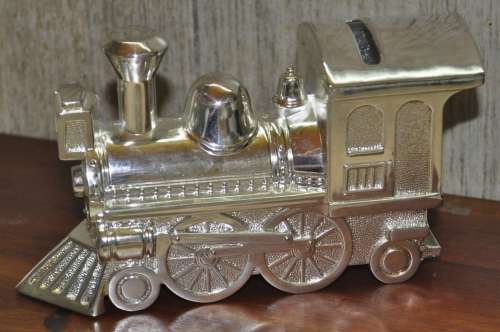 Vintage Silver Plated Locomotive Money Box Christening Gift in original box #907