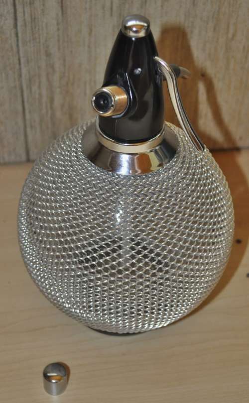 Retro 70s Merkuria Glass and Mesh bulbous Soda Syphon Praha Czech Republic (unused)