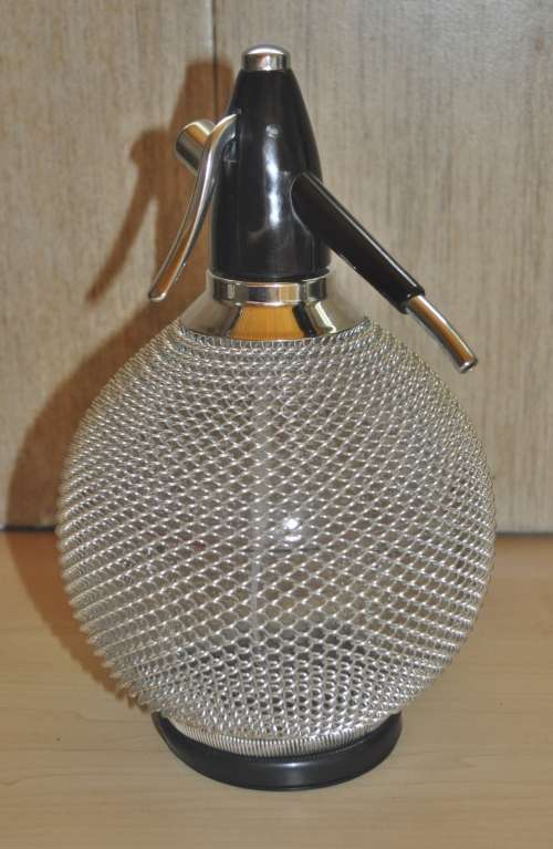 Retro 70s Merkuria Glass and Mesh bulbous Soda Syphon Praha Czech Republic (unused)