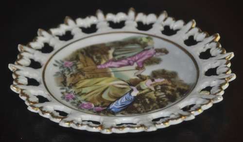 Vintage Round Reticulated Display Dish with Courting Couple and Gold Trim