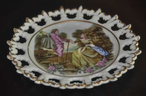 Vintage Round Reticulated Display Dish with Courting Couple and Gold Trim