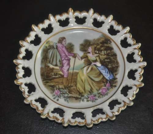 Vintage Round Reticulated Display Dish with Courting Couple and Gold Trim