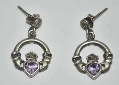 Vintage Claddagh (Irish, Hands, Heart, Crown) 925 Sterling Silver Amethyst Stud Earrings