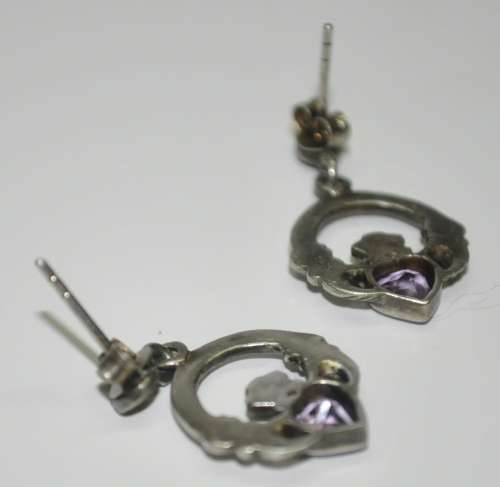Vintage Claddagh (Irish, Hands, Heart, Crown) 925 Sterling Silver Amethyst Stud Earrings