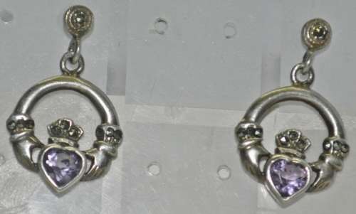 Vintage Claddagh (Irish, Hands, Heart, Crown) 925 Sterling Silver Amethyst Stud Earrings