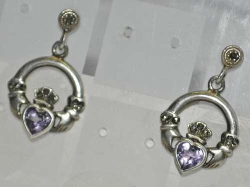 Vintage Claddagh (Irish, Hands, Heart, Crown) 925 Sterling Silver Amethyst Stud Earrings