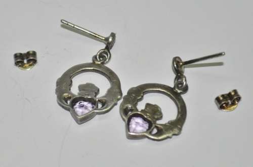 Vintage Claddagh (Irish, Hands, Heart, Crown) 925 Sterling Silver Amethyst Stud Earrings