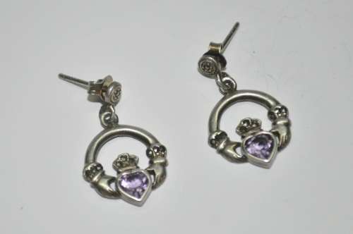 Vintage Claddagh (Irish, Hands, Heart, Crown) 925 Sterling Silver Amethyst Stud Earrings
