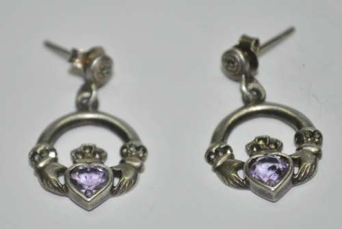 Vintage Claddagh (Irish, Hands, Heart, Crown) 925 Sterling Silver Amethyst Stud Earrings