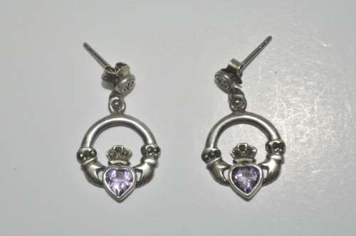 Vintage Claddagh (Irish, Hands, Heart, Crown) 925 Sterling Silver Amethyst Stud Earrings