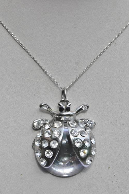 Vintage Silver Tone and Crystal Lady Bug Pendant