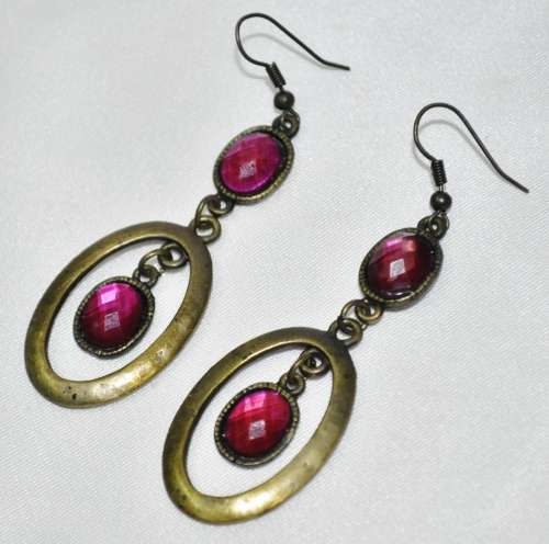 Vintage Drop and Dangle Brass Oval Hoops with Faceted Dark Pink Crystal Stones