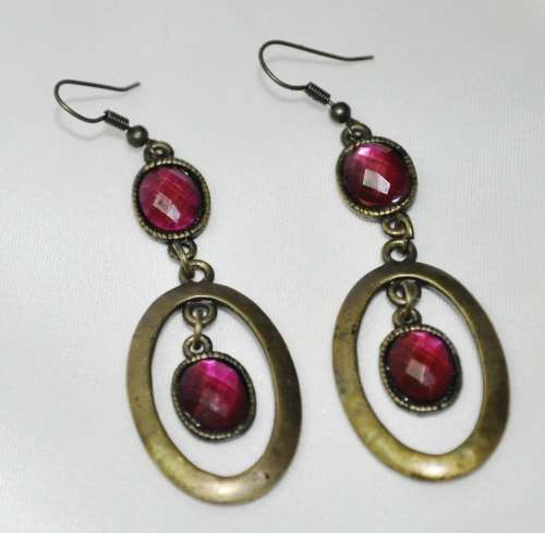 Vintage Drop and Dangle Brass Oval Hoops with Faceted Dark Pink Crystal Stones