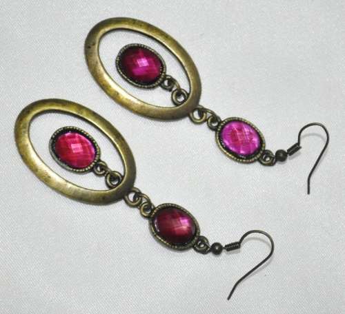 Vintage Drop and Dangle Brass Oval Hoops with Faceted Dark Pink Crystal Stones