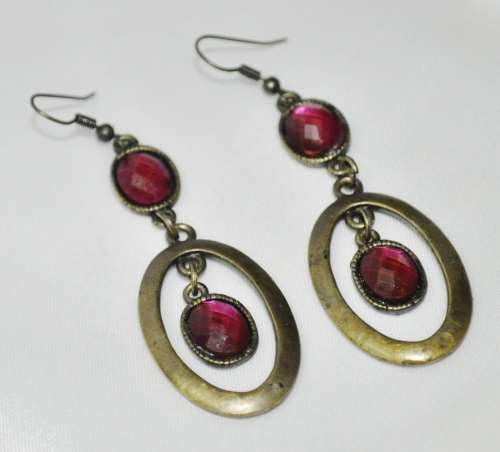 Vintage Drop and Dangle Brass Oval Hoops with Faceted Dark Pink Crystal Stones