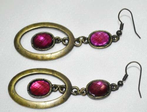 Vintage Drop and Dangle Brass Oval Hoops with Faceted Dark Pink Crystal Stones