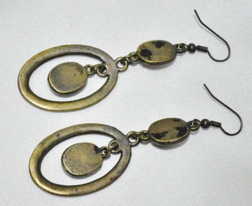 Vintage Drop and Dangle Brass Oval Hoops with Faceted Dark Pink Crystal Stones