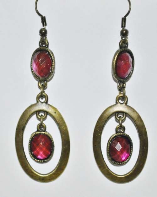 Vintage Drop and Dangle Brass Oval Hoops with Faceted Dark Pink Crystal Stones
