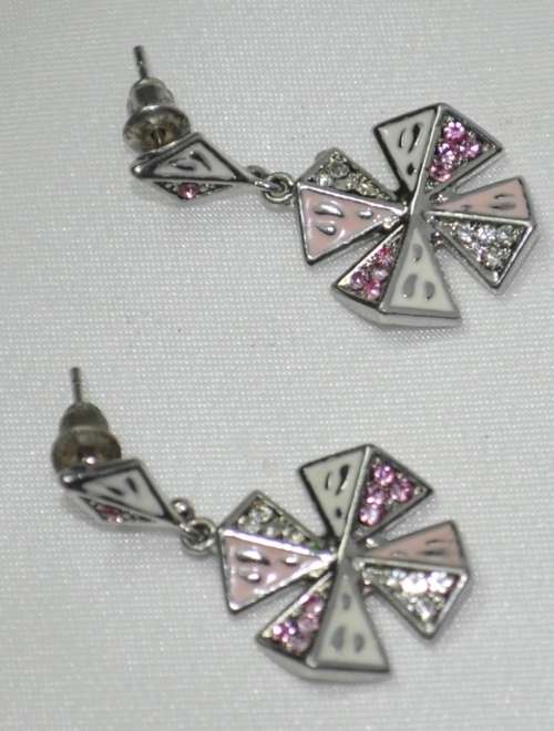 Vintage Silver Tone Maltese Cross Earrings with Light Pink and White Crystal and Enamel