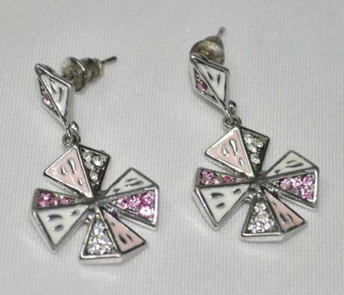 Vintage Silver Tone Maltese Cross Earrings with Light Pink and White Crystal and Enamel